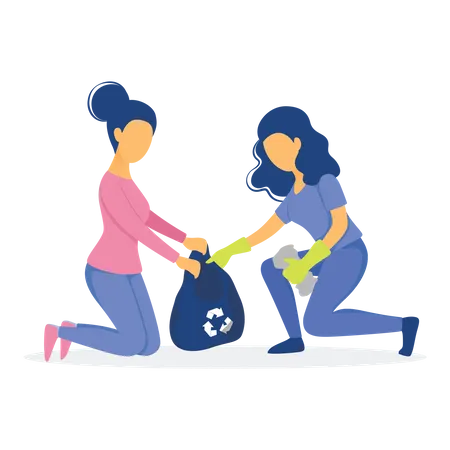 Women collecting waste into bag  Illustration