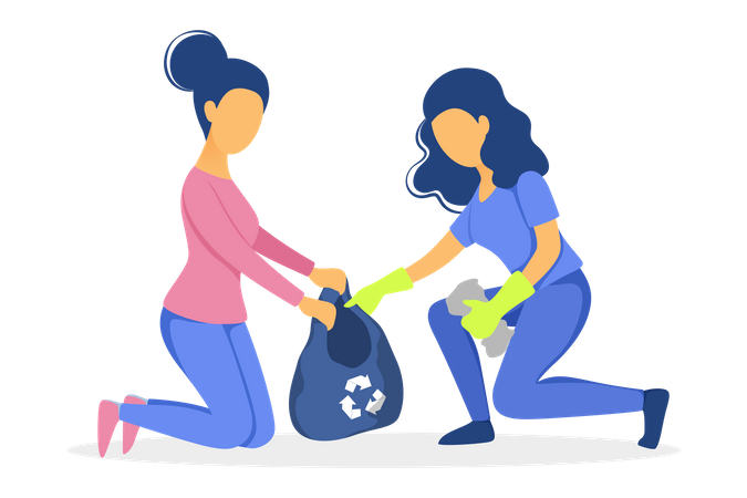 Women collecting waste into bag  Illustration