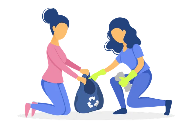 Women collecting waste into bag  Illustration