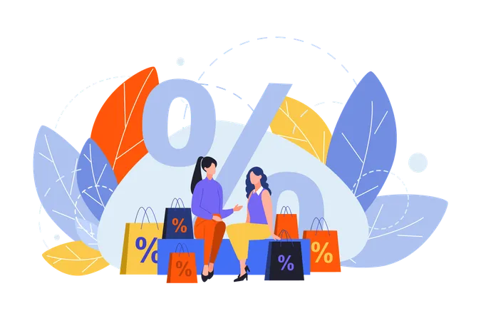 Shopping Purchasing Customer Buy Sale Or Discount Concept Purchasing Women Customers Do Shopping Commercial Sales Big Procent Discount For Goods Order Black Friday Profitable Buy Flat Vector Illustration