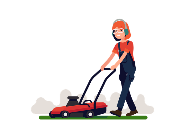 Women cutting grass with mower Illustration