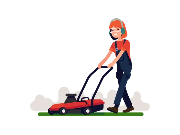 Women cutting grass with mower  Illustration
