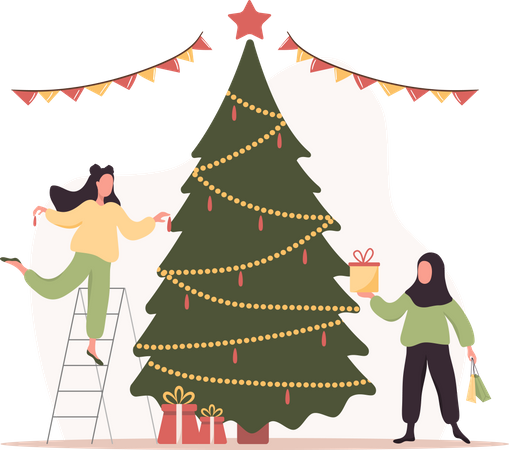 Women decorate Christmas tree Illustration