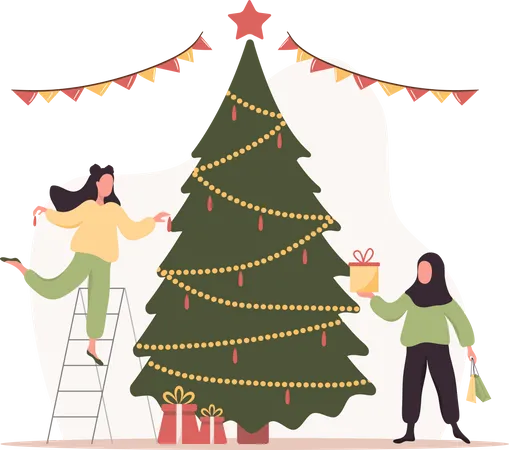 Women decorate Christmas tree  Illustration