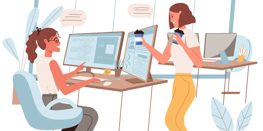 Programmers Working Concept In Flat Design Women Developers Work In Office Discuss Te Project Drink Coffee In Office Employee Workplace Creates Software And Apps People Scene Vector Illustration Illustration