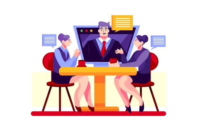 Women discuss with their boss through the online call Illustration