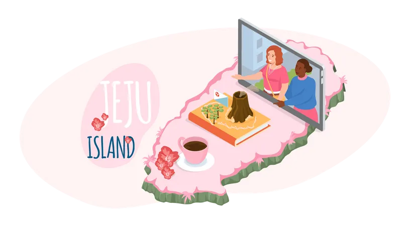 Women Talk On Video Link Discuss Vacation In Jeju Travel To South Korea Video Conference About Trip Volcano Model Traditional Landmark Sight Popular Place For Visiting Tourists At Green Island Illustration