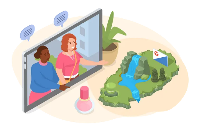 Women Talk On Video Link Discuss Vacation In Jeju Travel To South Korea Video Conference About Trip Stone Statues And Waterfall Traditional Landmark Sight Popular Place For Visiting Tourists Illustration