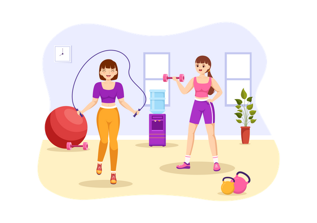 Women doing exercise at gym Illustration