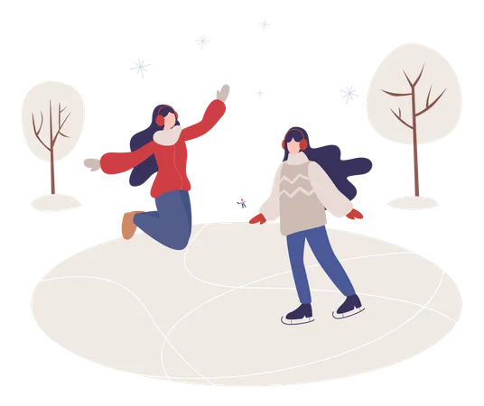 Women doing ice skating on frozen lake  Illustration