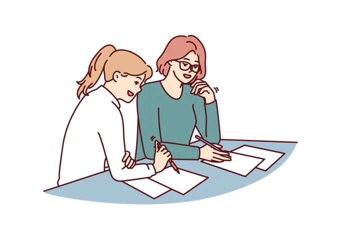 Women doing paperwork sitting at table in office of insurance company during conclusion of contract  Illustration