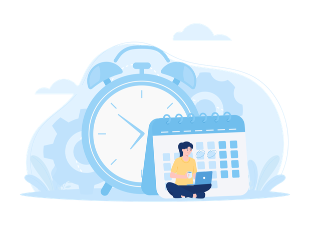 Women doing schedule management with calendar and big clock  イラスト