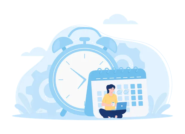 Women doing schedule management with calendar and big clock  イラスト