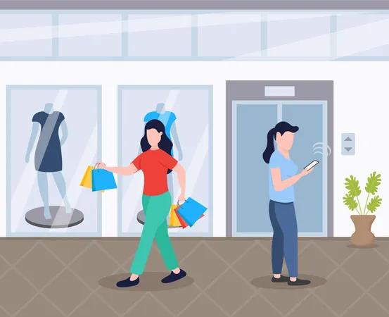 Women doing shopping at mall Illustration