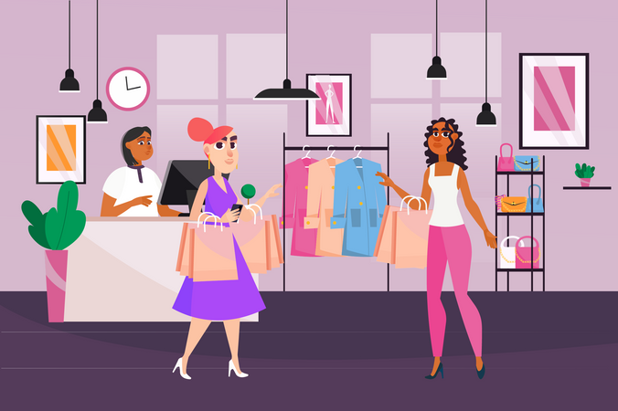 Women doing shopping at store Illustration