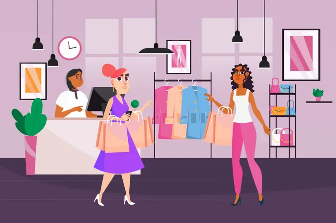 Women doing shopping at store Illustration