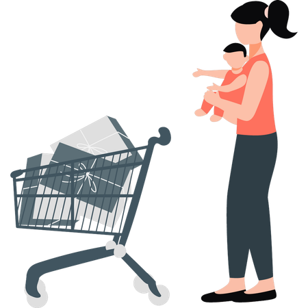 Women doing shopping with son  Illustration