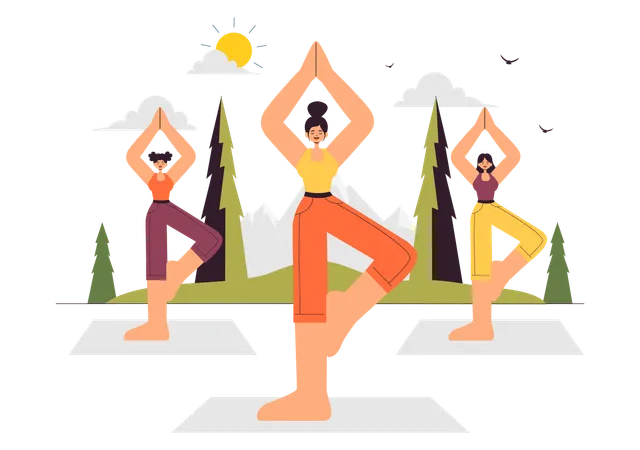 Women doing Yoga and Meditation Retreat  Illustration