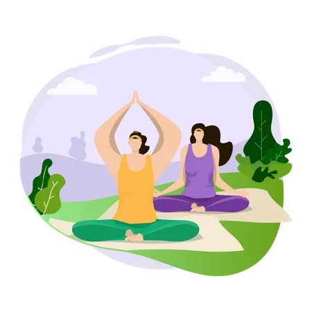 Women doing yoga in park Illustration