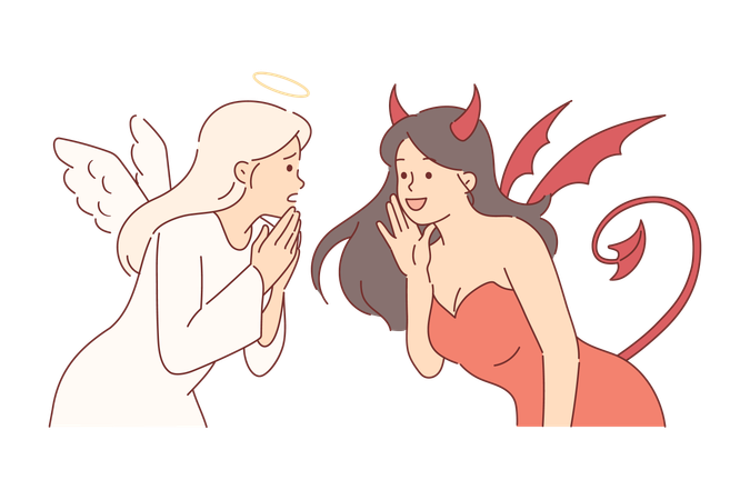 Women dressed as angel and devil for halloween party discussing latest news together  Illustration