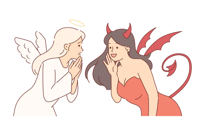Women Dressed As Angel And Devil For Halloween Party Discussing Latest News Together Angel And Devil Are Trying To Find Compromise And Maintain Balance Of Interests During Negotiations Illustration