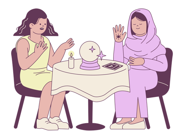 Women Engaged in Fortune Telling Session  Illustration