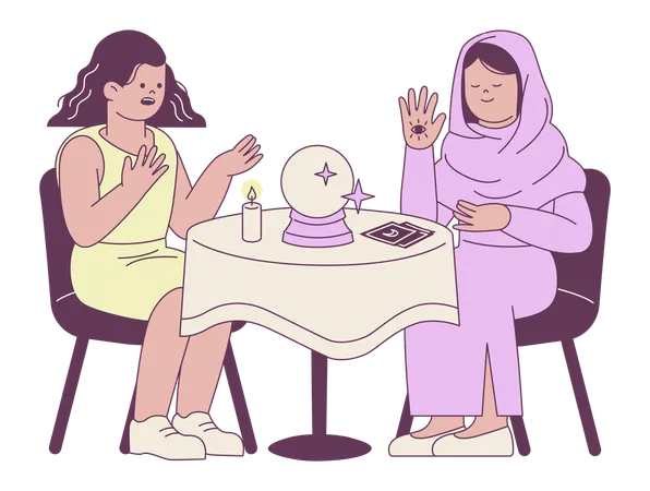 Women Engaged in Fortune Telling Session  Illustration