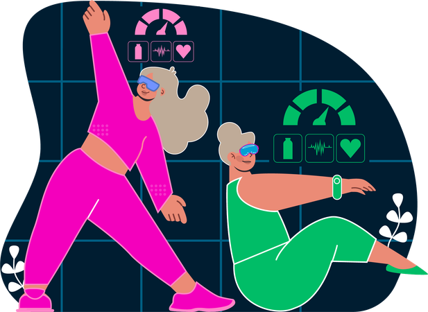 Women enjoying floor exercise wearing VR glasses  Illustration