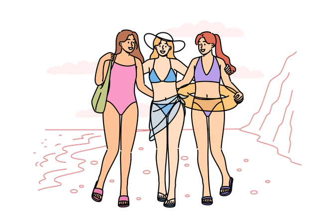 Women enjoying summer holiday wearing bikini on beach  Illustration