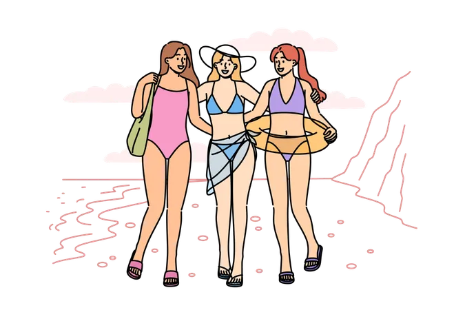 Women enjoying summer holiday wearing bikini on beach  Illustration