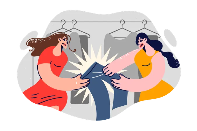Women fight over new trousers in fashion boutique  Illustration
