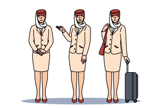 Women Flight Attendants Of Arabian Airlines In Traditional Uniform With National Hat And Long Skirt Girls Flight Attendants Offer To Fly To Dubai Or UAE And Look At Screen With Smile Illustration