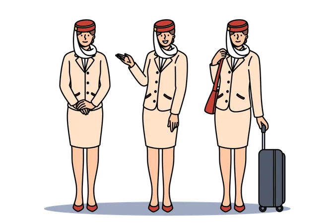 Women flight attendants of Arabian airlines and in traditional uniform with national hat and long skirt  Illustration