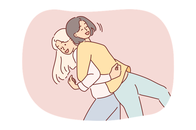 Women friends fool around by lifting each other on backs and laughing to stretch spines  Illustration
