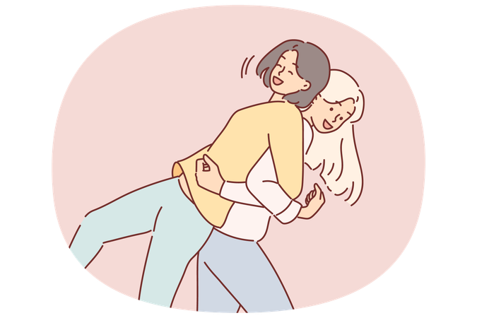 Women friends fool around by lifting each other on backs and laughing to stretch spines  Illustration