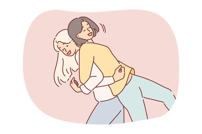 Women friends fool around by lifting each other on backs and laughing to stretch spines  Illustration