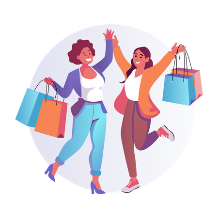 Women friends go shopping together  Illustration