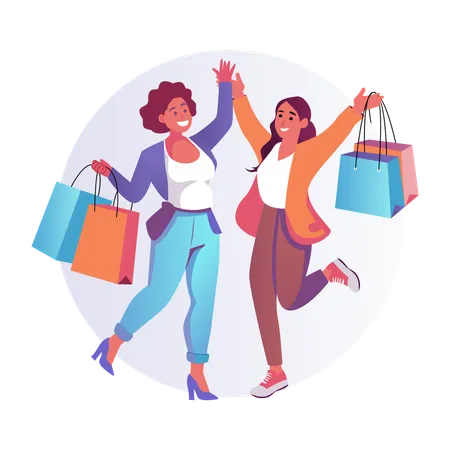 Women friends go shopping together  Illustration