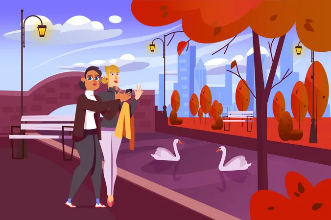 Autumn City Park Background In Flat Cartoon Design Wallpaper With Cityscape Of Two Women At Friendly Meeting Walk By River With Swans And Take Photo Vector Illustration For Poster Or Banner Template Illustration