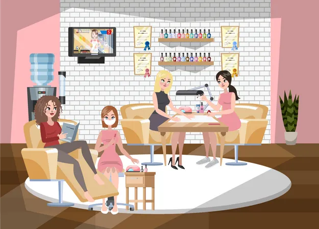 Manicure And Pedicure Salon Interior Woman Sitting In The Chairs And Making Professional Manicure Nail Polish And Painting Beauty Procedures Vector Illustration In Cartoon Style Illustration