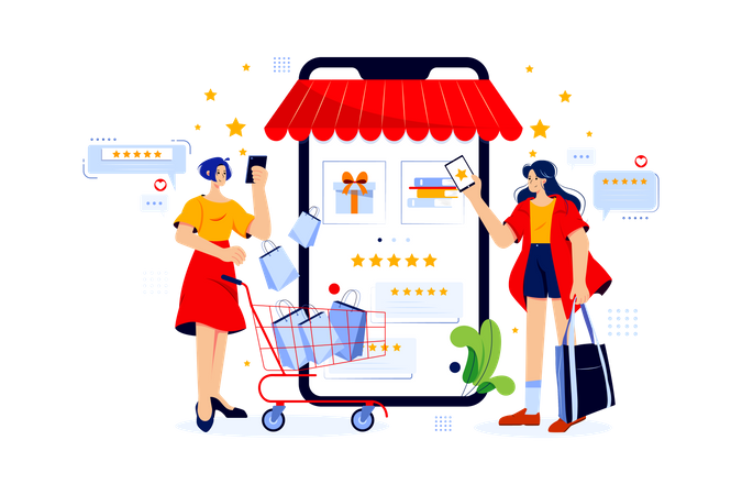 Women giving online shopping review Illustration