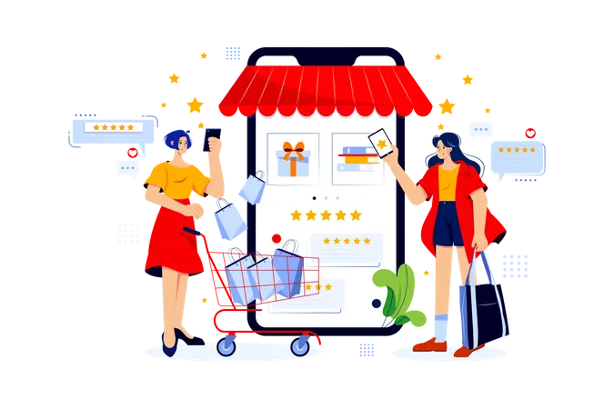 Women giving online shopping review  Illustration