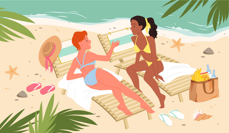 Women gossiping while sunbathing at beach  Illustration