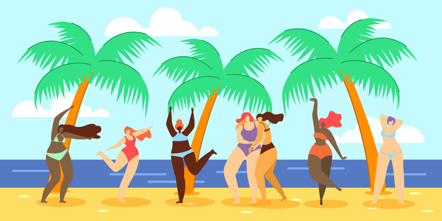 Women have Fun on Vacation at beach side Illustration