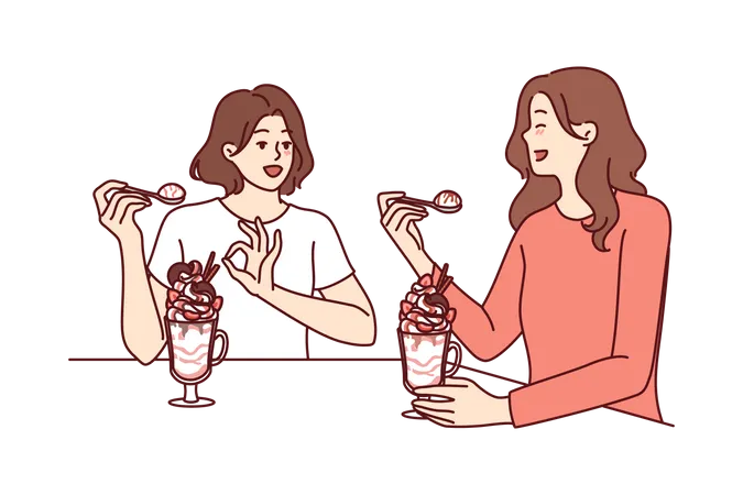 Women having lunch sitting in restaurant eating milkshake and discussing personal lives  Illustration