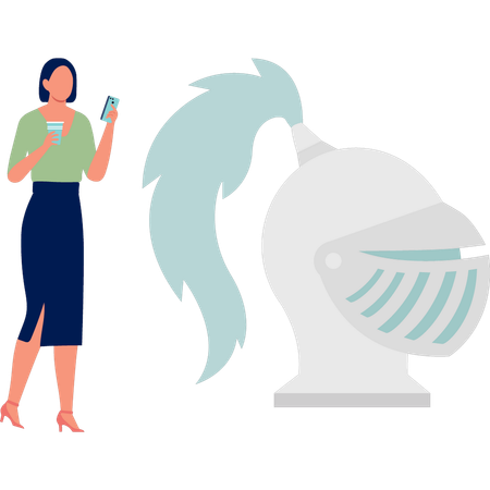 Women holding drink standing near helmet  Illustration