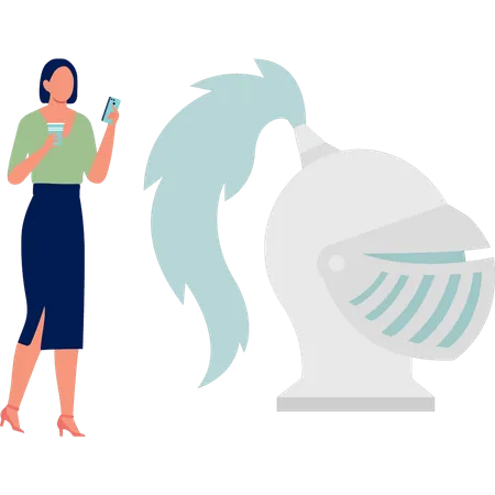 Women holding drink standing near helmet  Illustration