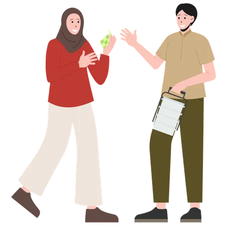 Women holding ketupat and man holding food container  Illustration