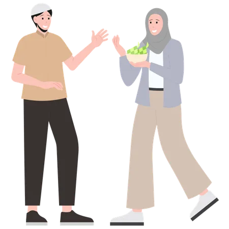 Women holding Ketupat with A Man  Illustration