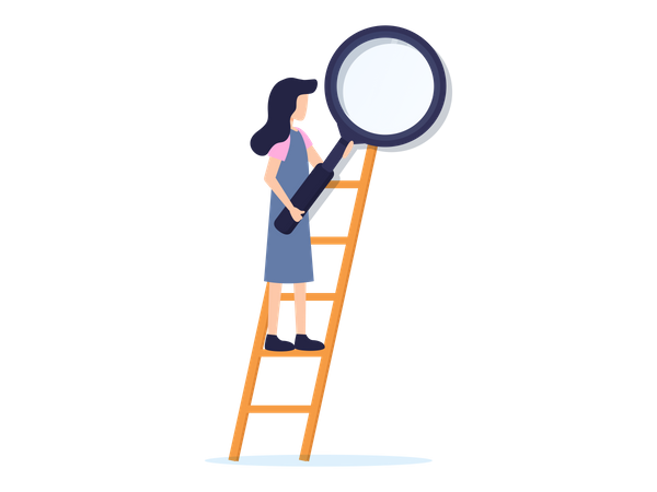 Women Holding Magnifying glass on Ladder Illustration